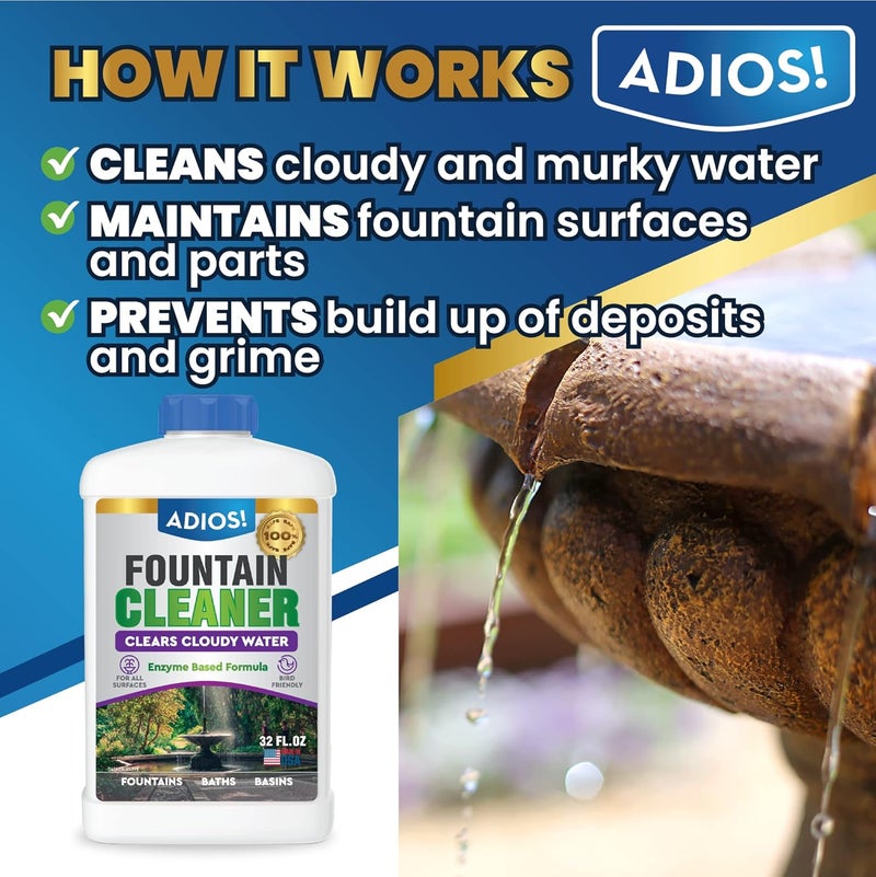 ADIOS! Fountain Cleaner and Clarifier for Outdoor and Indoor Fountains – Safe for Plastic, Metal, Glass and Stone (8oz) - Image 3